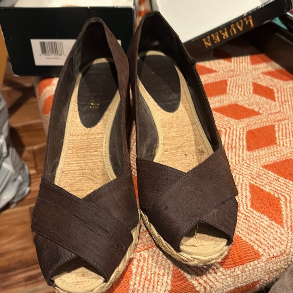 Brown silk open toe wedges